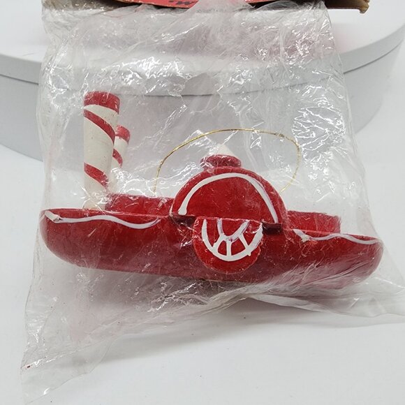 Vintage Christmas House Boat Ornament Wooden Red & White Sealed - Picture 3 of 6